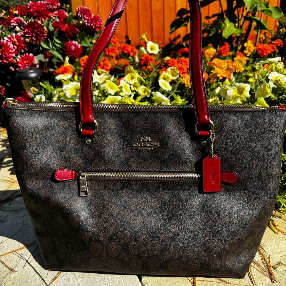 Coach Signature Brown Tote with Red Accents
